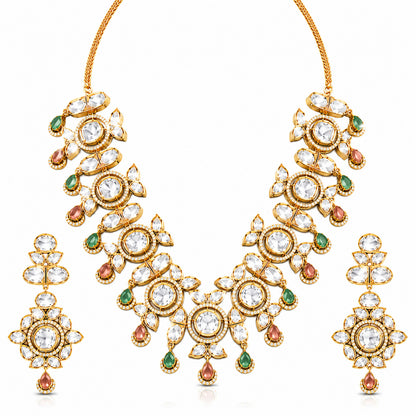 Traditional Indian Antique Gold Plated Kundan Polki Bridal Necklace Set with Multicolor Accents for Women (SJN_359_MT)