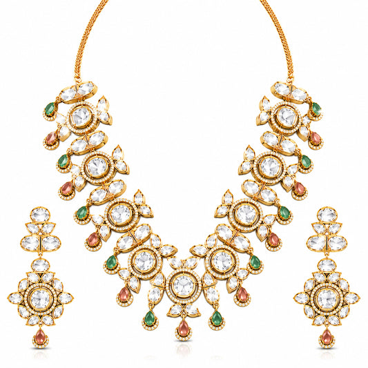 Traditional Indian Antique Gold Plated Kundan Polki Bridal Necklace Set with Multicolor Accents for Women (SJN_359_MT)