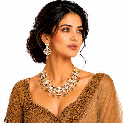 Traditional Indian Antique Gold Plated Kundan Polki Bridal Necklace Set with Multicolor Accents for Women (SJN_359_MT)