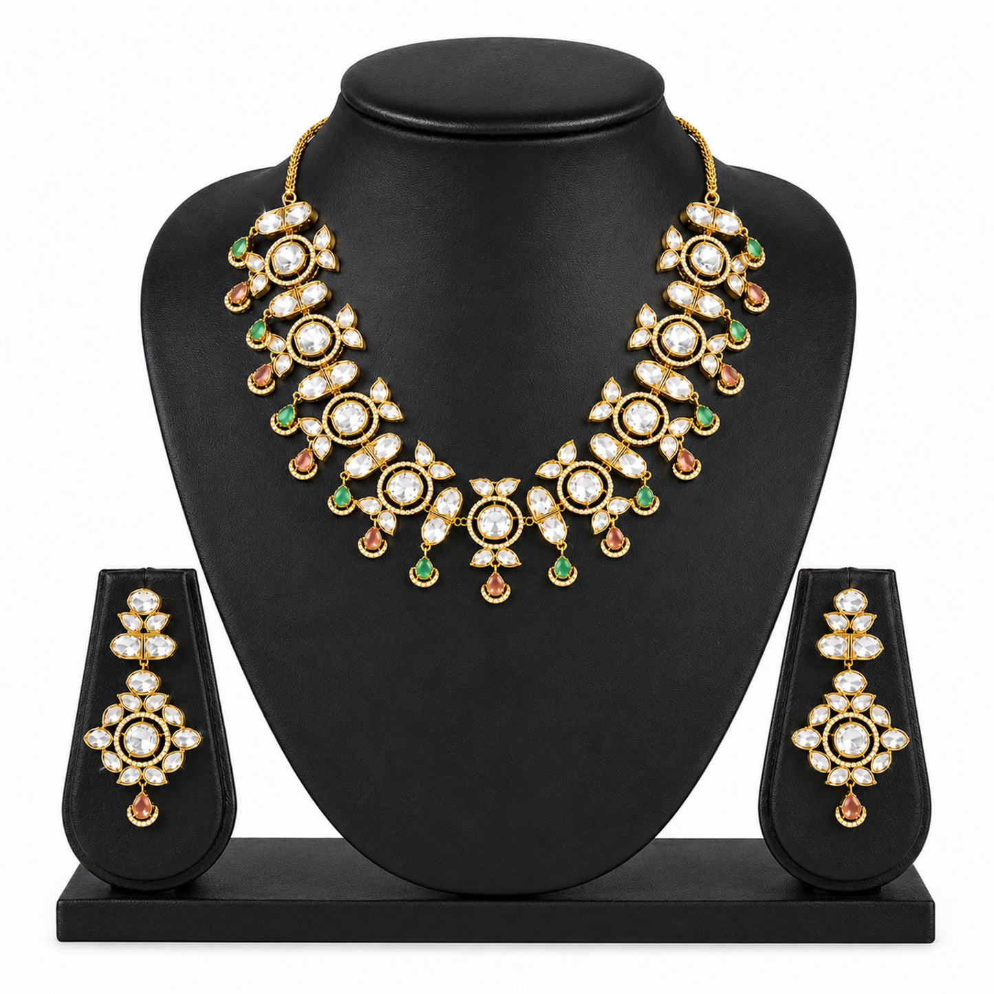 Traditional Indian Antique Gold Plated Kundan Polki Bridal Necklace Set with Multicolor Accents for Women (SJN_359_MT)