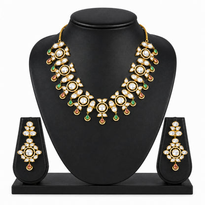 Traditional Indian Antique Gold Plated Kundan Polki Bridal Necklace Set with Multicolor Accents for Women (SJN_359_MT)