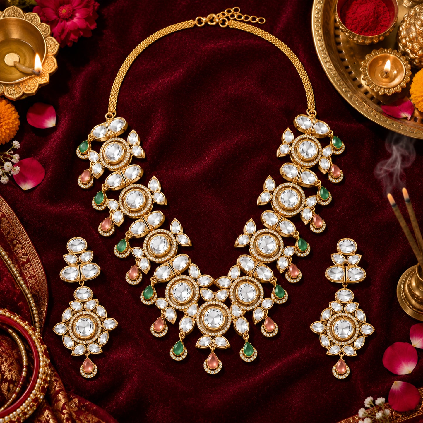 Traditional Indian Antique Gold Plated Kundan Polki Bridal Necklace Set with Multicolor Accents for Women (SJN_359_MT)