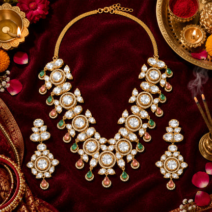 Traditional Indian Antique Gold Plated Kundan Polki Bridal Necklace Set with Multicolor Accents for Women (SJN_359_MT)
