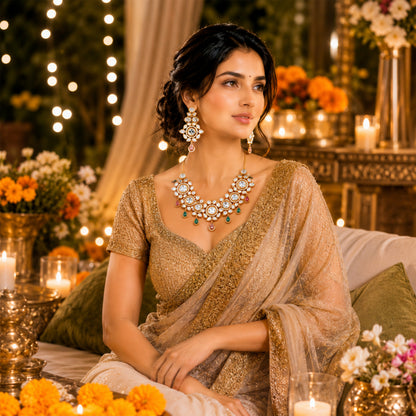 Traditional Indian Antique Gold Plated Kundan Polki Bridal Necklace Set with Multicolor Accents for Women (SJN_359_MT)