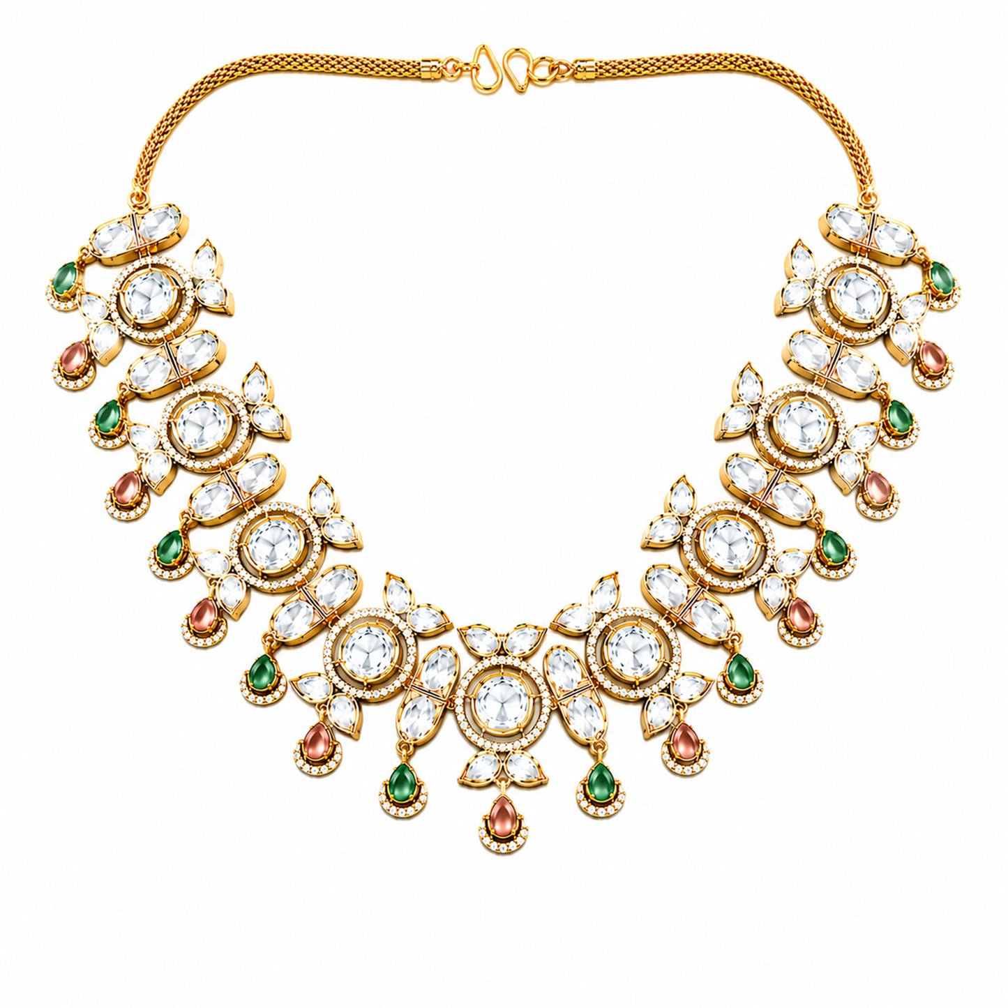 Traditional Indian Antique Gold Plated Kundan Polki Bridal Necklace Set with Multicolor Accents for Women (SJN_359_MT)