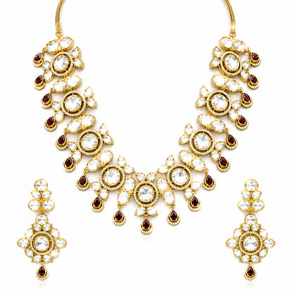 Traditional Indian Antique Gold Plated Kundan Polki Bridal Necklace Set with Maroon Accents for Women (SJN_359_M)