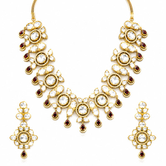 Traditional Indian Antique Gold Plated Kundan Polki Bridal Necklace Set with Maroon Accents for Women (SJN_359_M)