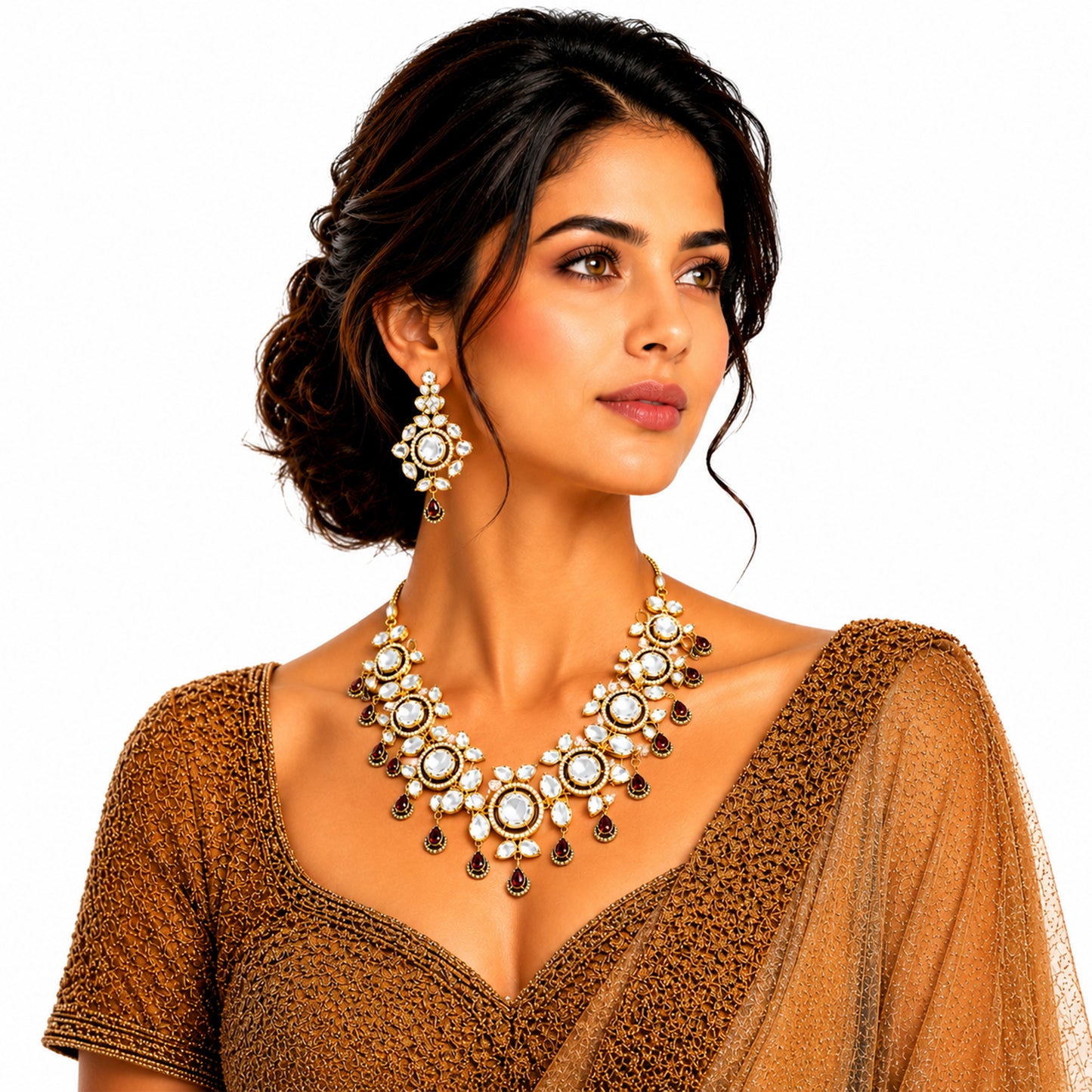 Traditional Indian Antique Gold Plated Kundan Polki Bridal Necklace Set with Maroon Accents for Women (SJN_359_M)