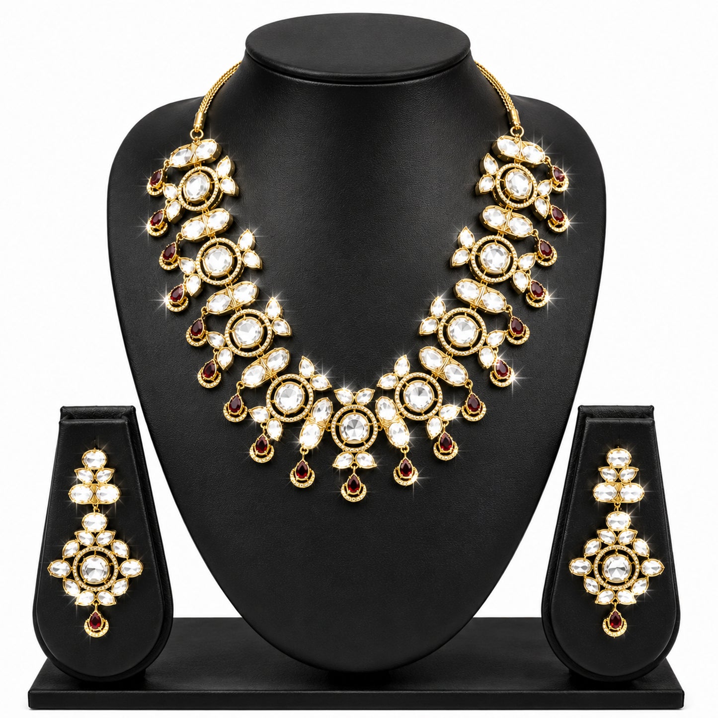 Traditional Indian Antique Gold Plated Kundan Polki Bridal Necklace Set with Maroon Accents for Women (SJN_359_M)