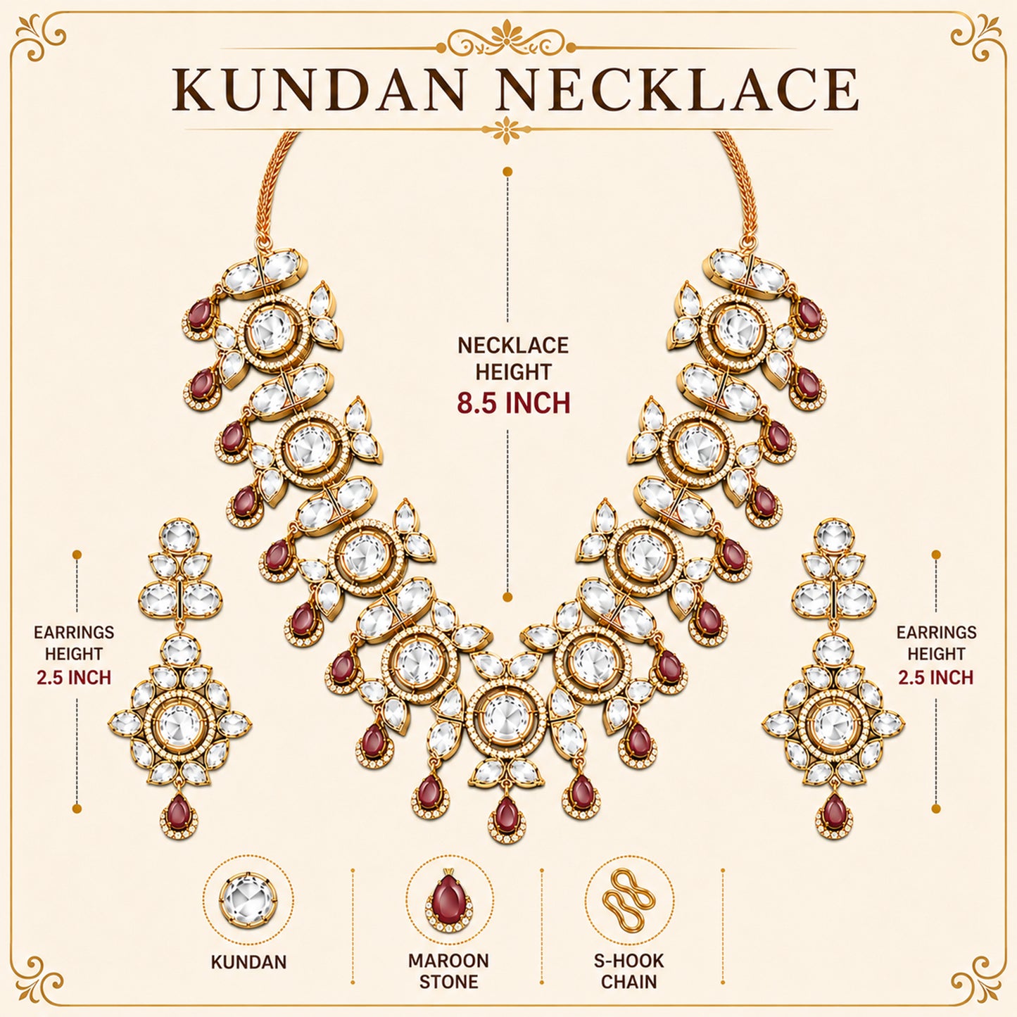 Traditional Indian Antique Gold Plated Kundan Polki Bridal Necklace Set with Maroon Accents for Women (SJN_359_M)