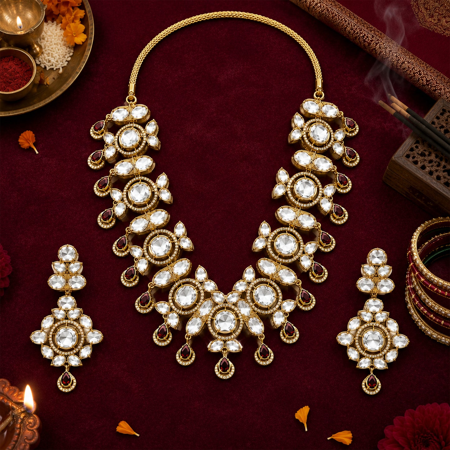 Traditional Indian Antique Gold Plated Kundan Polki Bridal Necklace Set with Maroon Accents for Women (SJN_359_M)