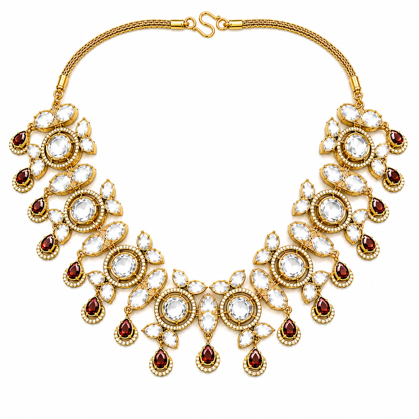 Traditional Indian Antique Gold Plated Kundan Polki Bridal Necklace Set with Maroon Accents for Women (SJN_359_M)