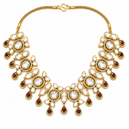 Traditional Indian Antique Gold Plated Kundan Polki Bridal Necklace Set with Maroon Accents for Women (SJN_359_M)