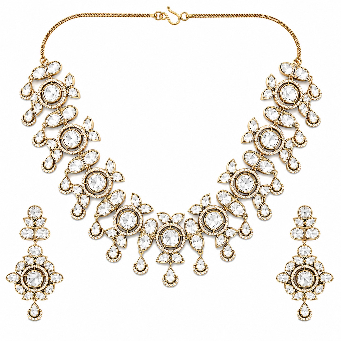 Traditional Indian Antique Gold Plated Kundan Polki Bridal Necklace Set with White Accents for Women (SJN_359_W)