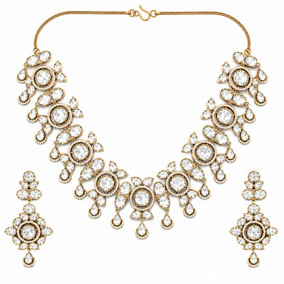 Traditional Indian Antique Gold Plated Kundan Polki Bridal Necklace Set with White Accents for Women (SJN_359_W)