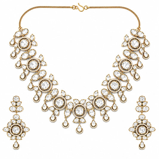 Traditional Indian Antique Gold Plated Kundan Polki Bridal Necklace Set with White Accents for Women (SJN_359_W)