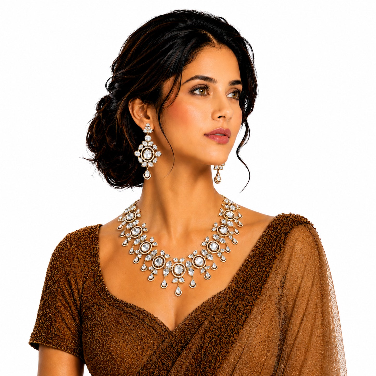 Traditional Indian Antique Gold Plated Kundan Polki Bridal Necklace Set with White Accents for Women (SJN_359_W)