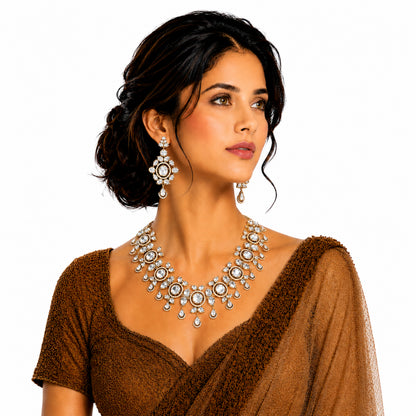 Traditional Indian Antique Gold Plated Kundan Polki Bridal Necklace Set with White Accents for Women (SJN_359_W)