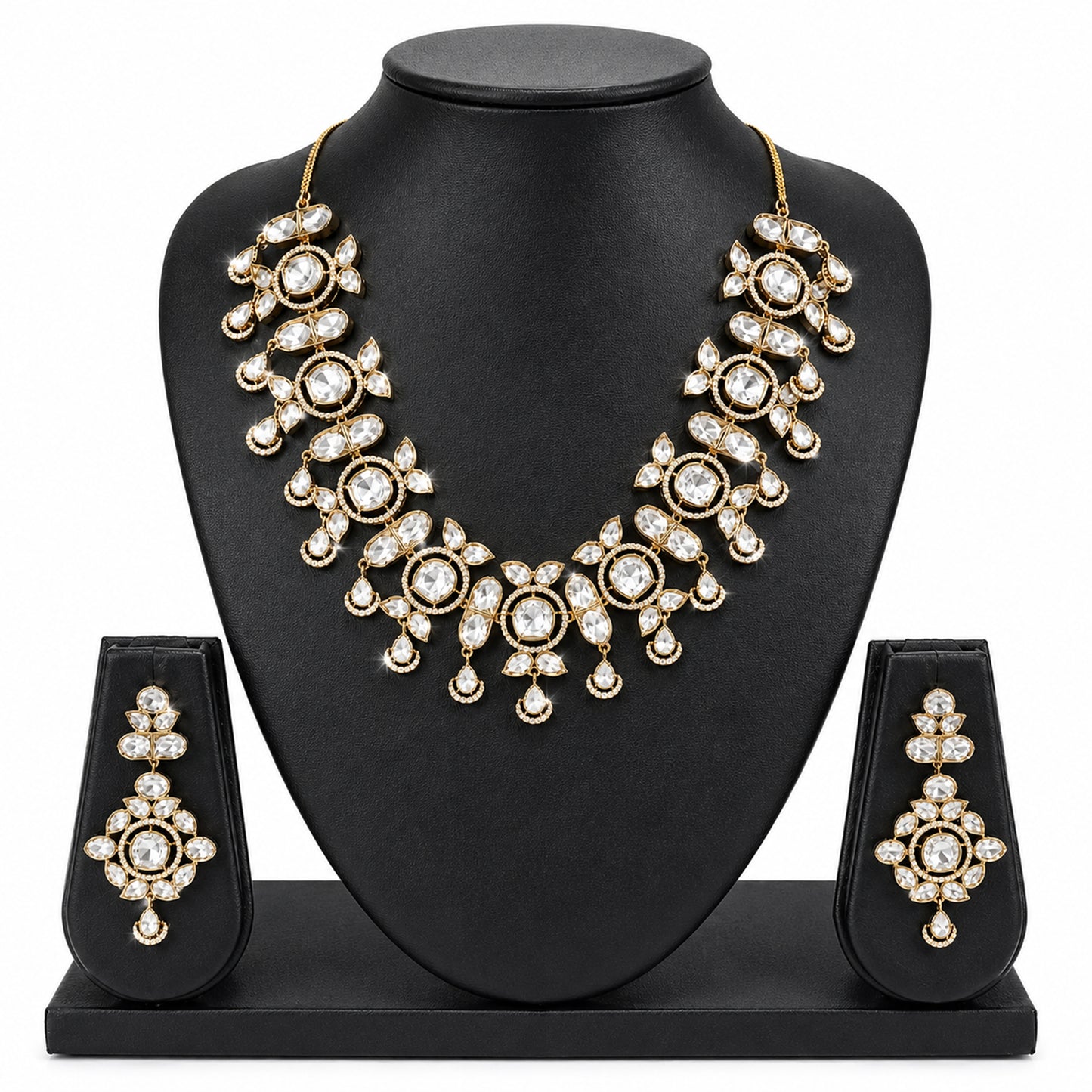 Traditional Indian Antique Gold Plated Kundan Polki Bridal Necklace Set with White Accents for Women (SJN_359_W)