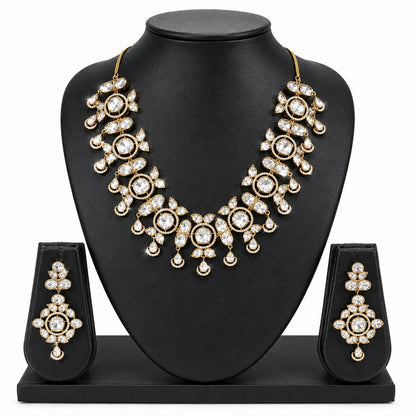 Traditional Indian Antique Gold Plated Kundan Polki Bridal Necklace Set with White Accents for Women (SJN_359_W)