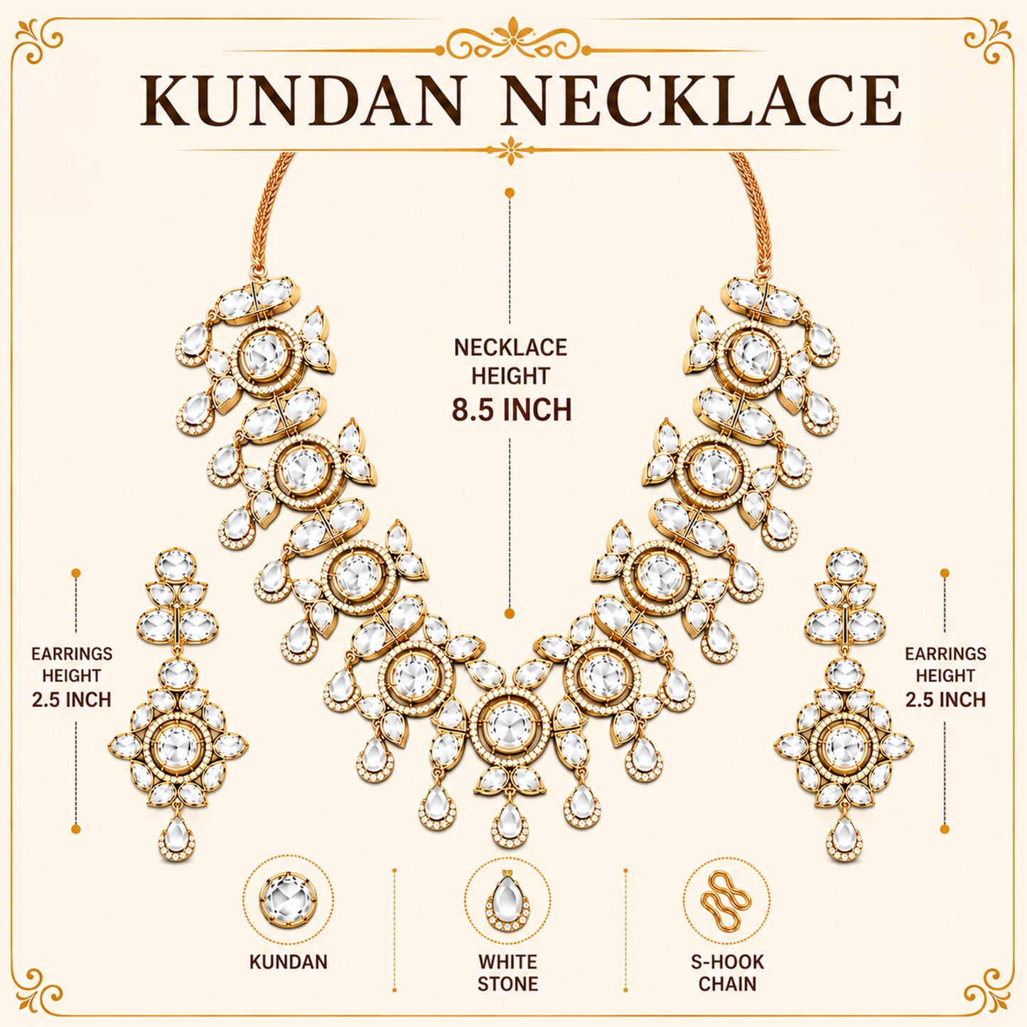 Traditional Indian Antique Gold Plated Kundan Polki Bridal Necklace Set with White Accents for Women (SJN_359_W)
