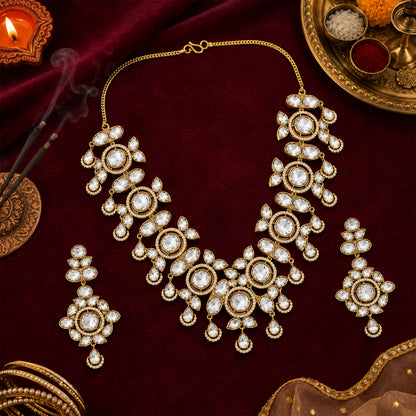 Traditional Indian Antique Gold Plated Kundan Polki Bridal Necklace Set with White Accents for Women (SJN_359_W)
