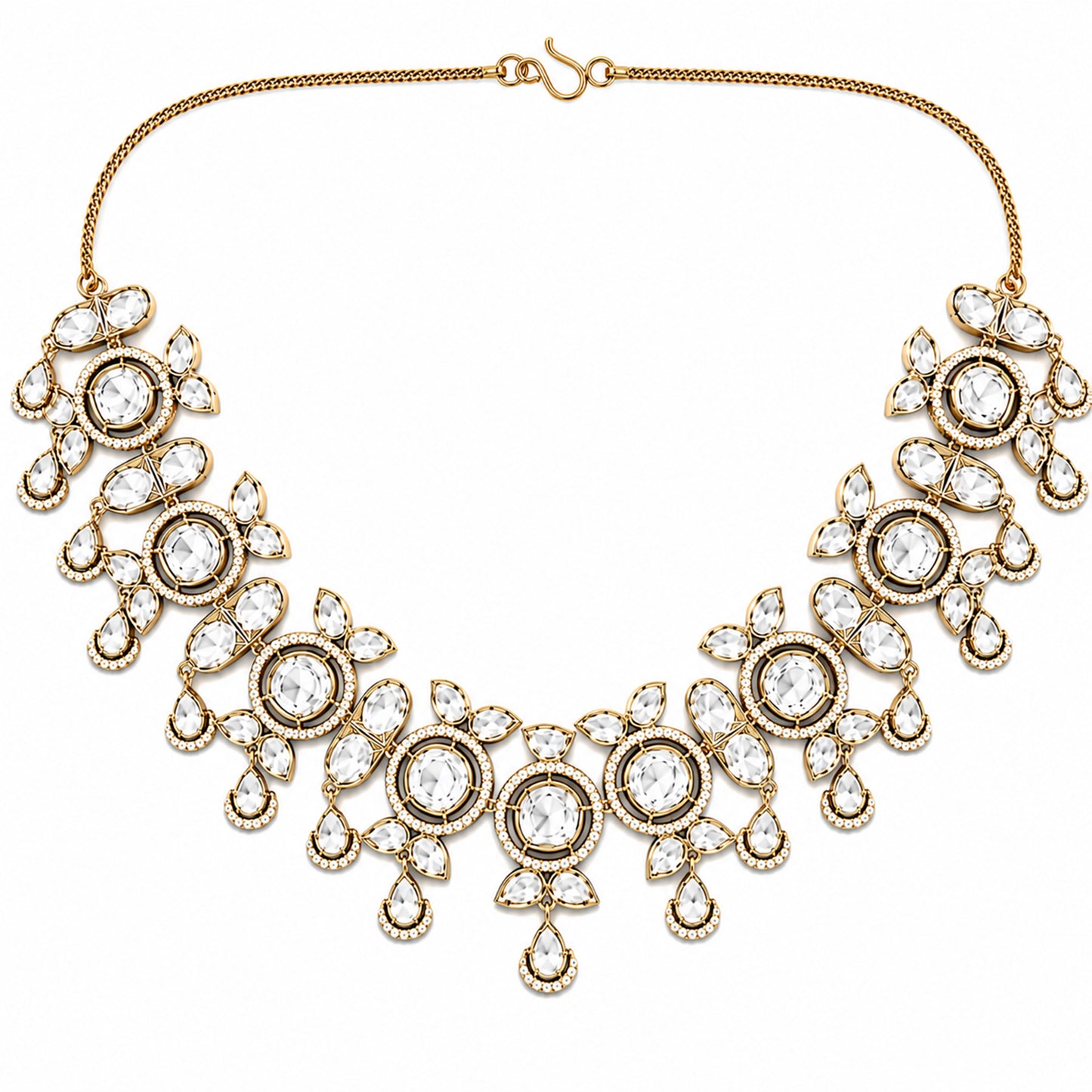 Traditional Indian Antique Gold Plated Kundan Polki Bridal Necklace Set with White Accents for Women (SJN_359_W)