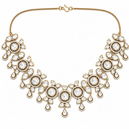 Traditional Indian Antique Gold Plated Kundan Polki Bridal Necklace Set with White Accents for Women (SJN_359_W)