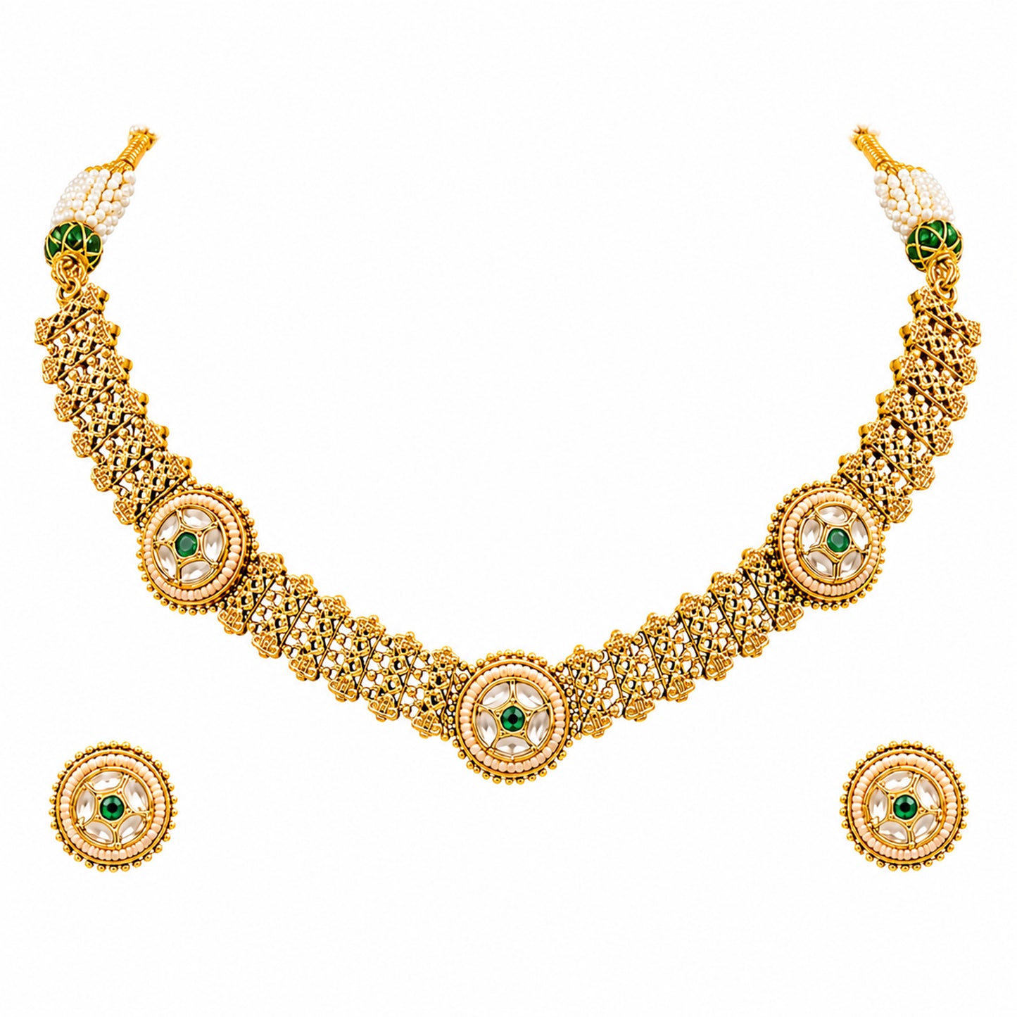Traditional Antique Gold Plated Kundan Polki Choker Necklace Set with Green Stones for Women (SJN_360_G)