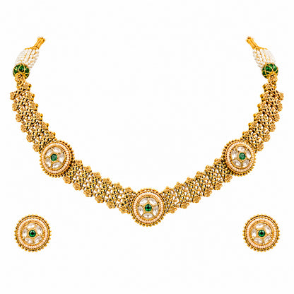Traditional Antique Gold Plated Kundan Polki Choker Necklace Set with Green Stones for Women (SJN_360_G)