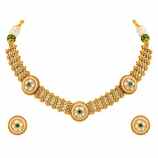 Traditional Antique Gold Plated Kundan Polki Choker Necklace Set with Green Stones for Women (SJN_360_G)