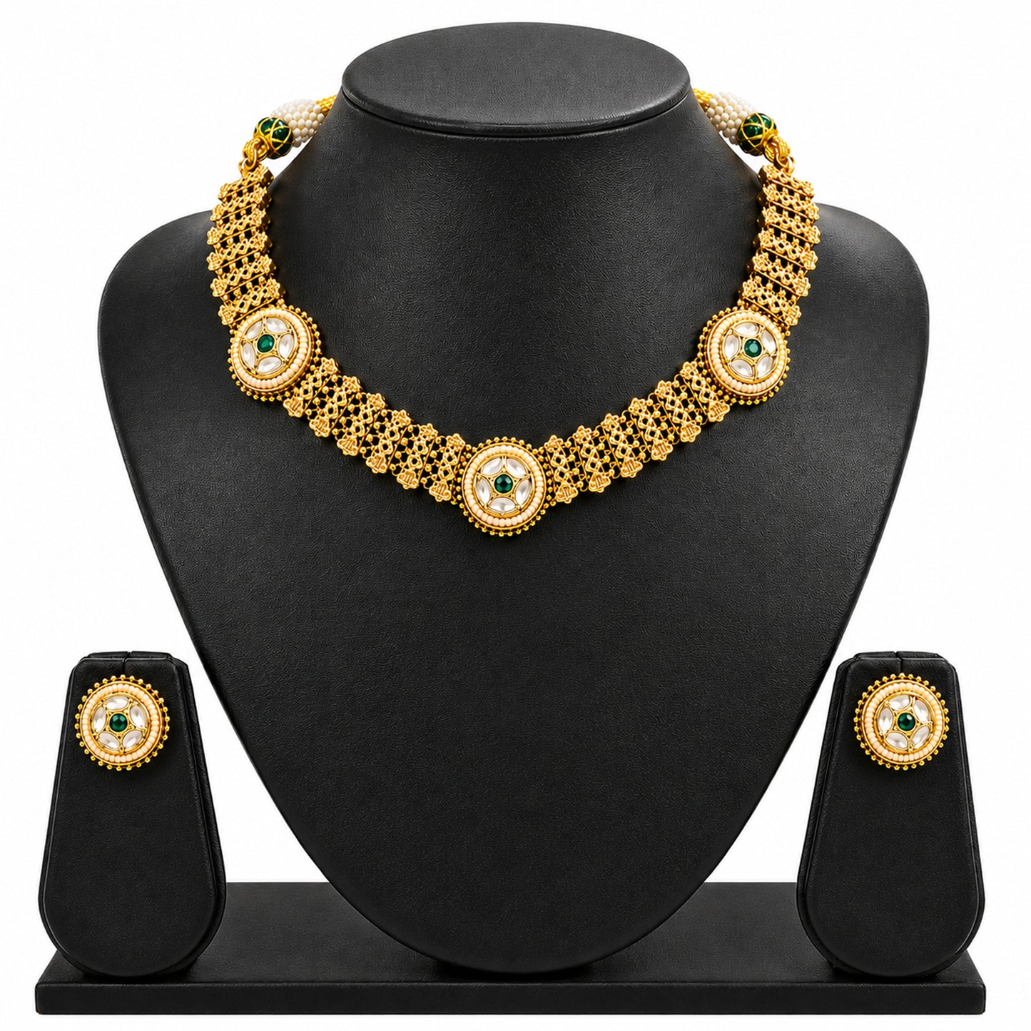 Traditional Antique Gold Plated Kundan Polki Choker Necklace Set with Green Stones for Women (SJN_360_G)