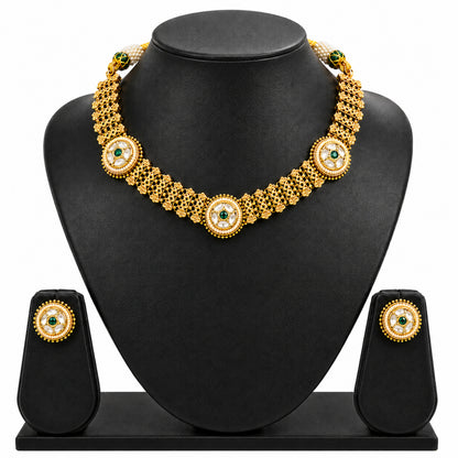 Traditional Antique Gold Plated Kundan Polki Choker Necklace Set with Green Stones for Women (SJN_360_G)