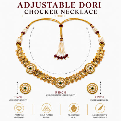 Traditional Antique Gold Plated Kundan Polki Choker Necklace Set with Green Stones for Women (SJN_360_G)