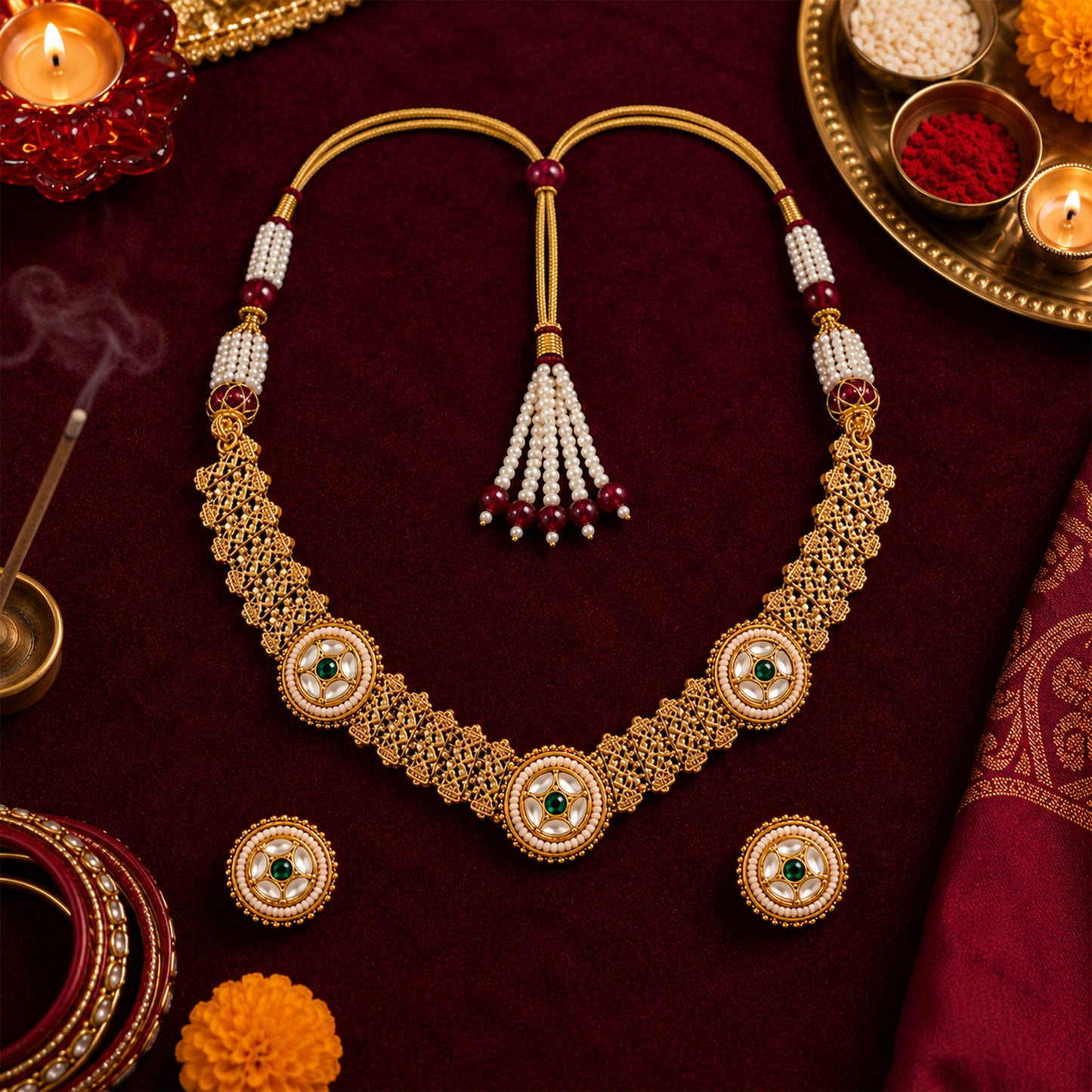 Traditional Antique Gold Plated Kundan Polki Choker Necklace Set with Green Stones for Women (SJN_360_G)