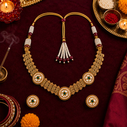 Traditional Antique Gold Plated Kundan Polki Choker Necklace Set with Green Stones for Women (SJN_360_G)