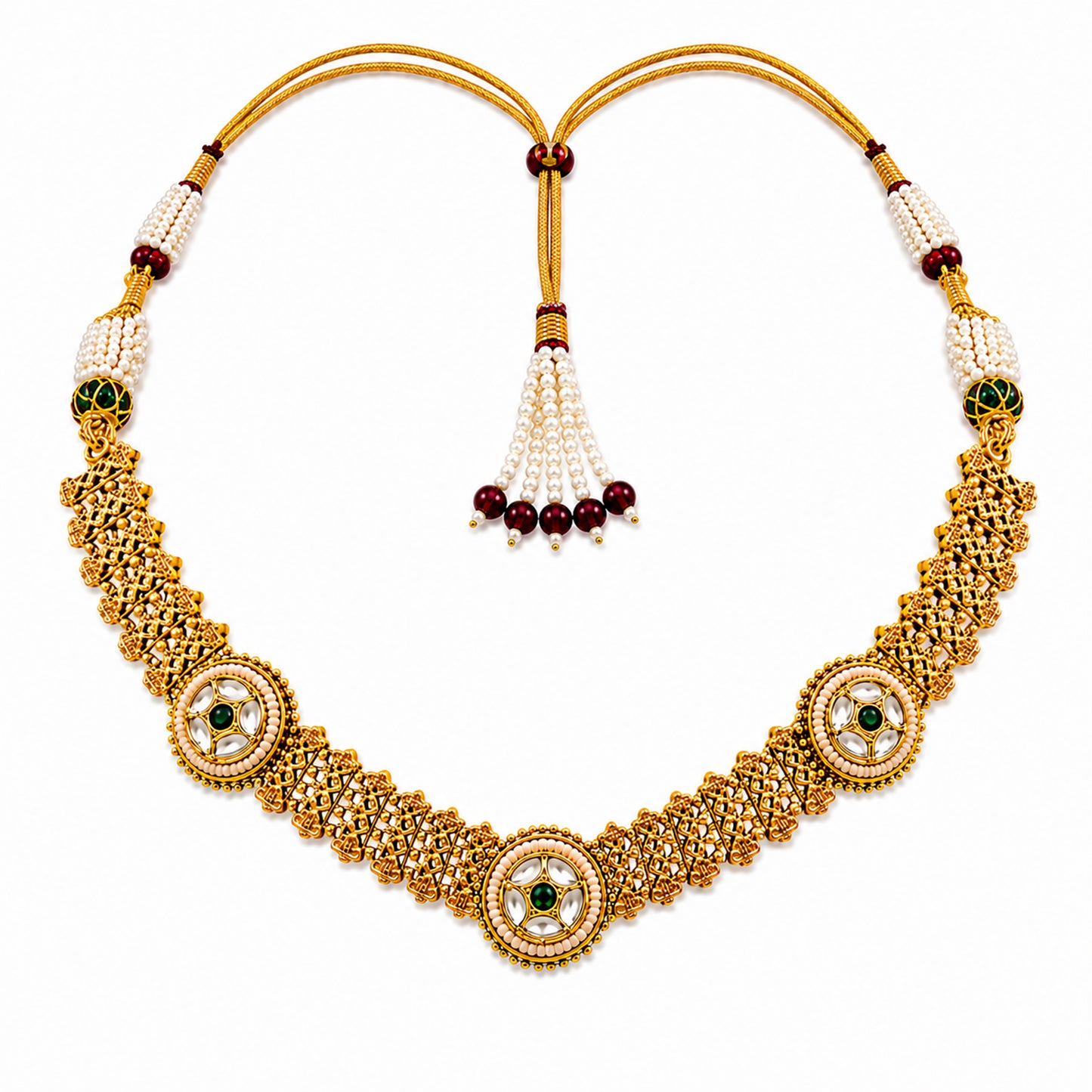 Traditional Antique Gold Plated Kundan Polki Choker Necklace Set with Green Stones for Women (SJN_360_G)
