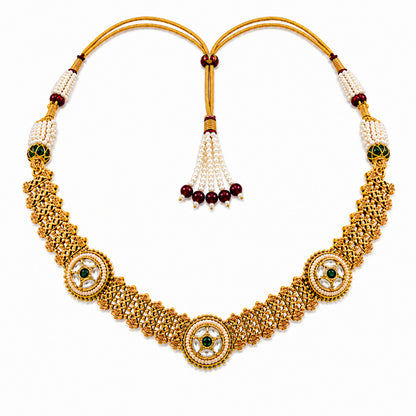 Traditional Antique Gold Plated Kundan Polki Choker Necklace Set with Green Stones for Women (SJN_360_G)