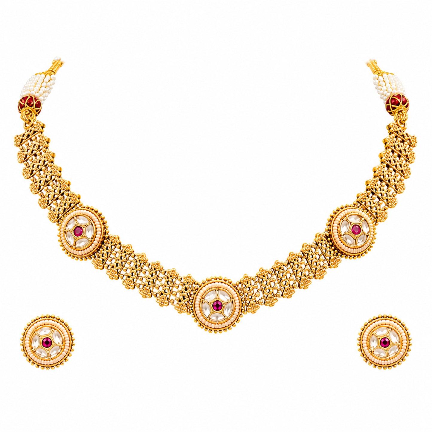 Traditional Antique Gold Plated Kundan Polki Choker Necklace Set with Maroon Stones for Women (SJN_360_M)