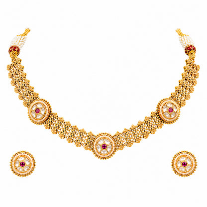 Traditional Antique Gold Plated Kundan Polki Choker Necklace Set with Maroon Stones for Women (SJN_360_M)