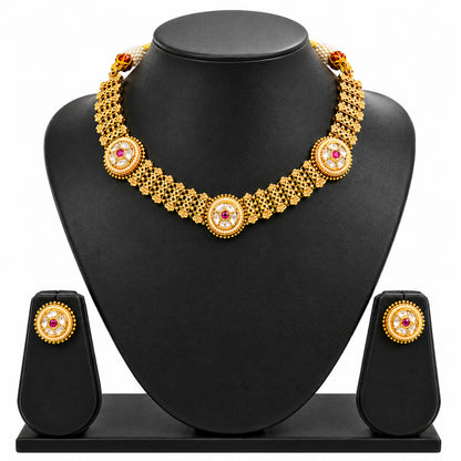 Traditional Antique Gold Plated Kundan Polki Choker Necklace Set with Maroon Stones for Women (SJN_360_M)