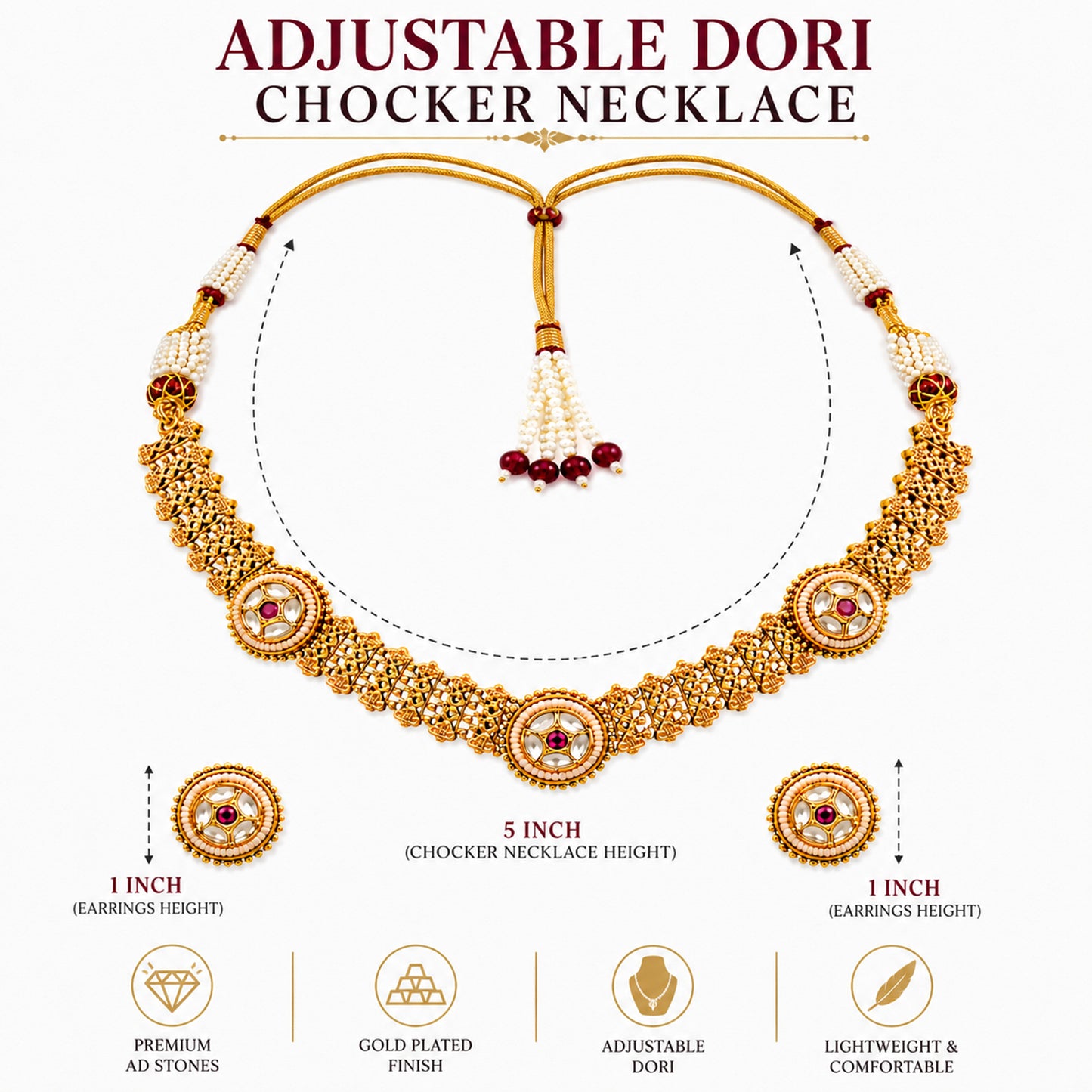 Traditional Antique Gold Plated Kundan Polki Choker Necklace Set with Maroon Stones for Women (SJN_360_M)