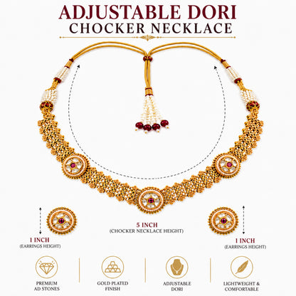 Traditional Antique Gold Plated Kundan Polki Choker Necklace Set with Maroon Stones for Women (SJN_360_M)