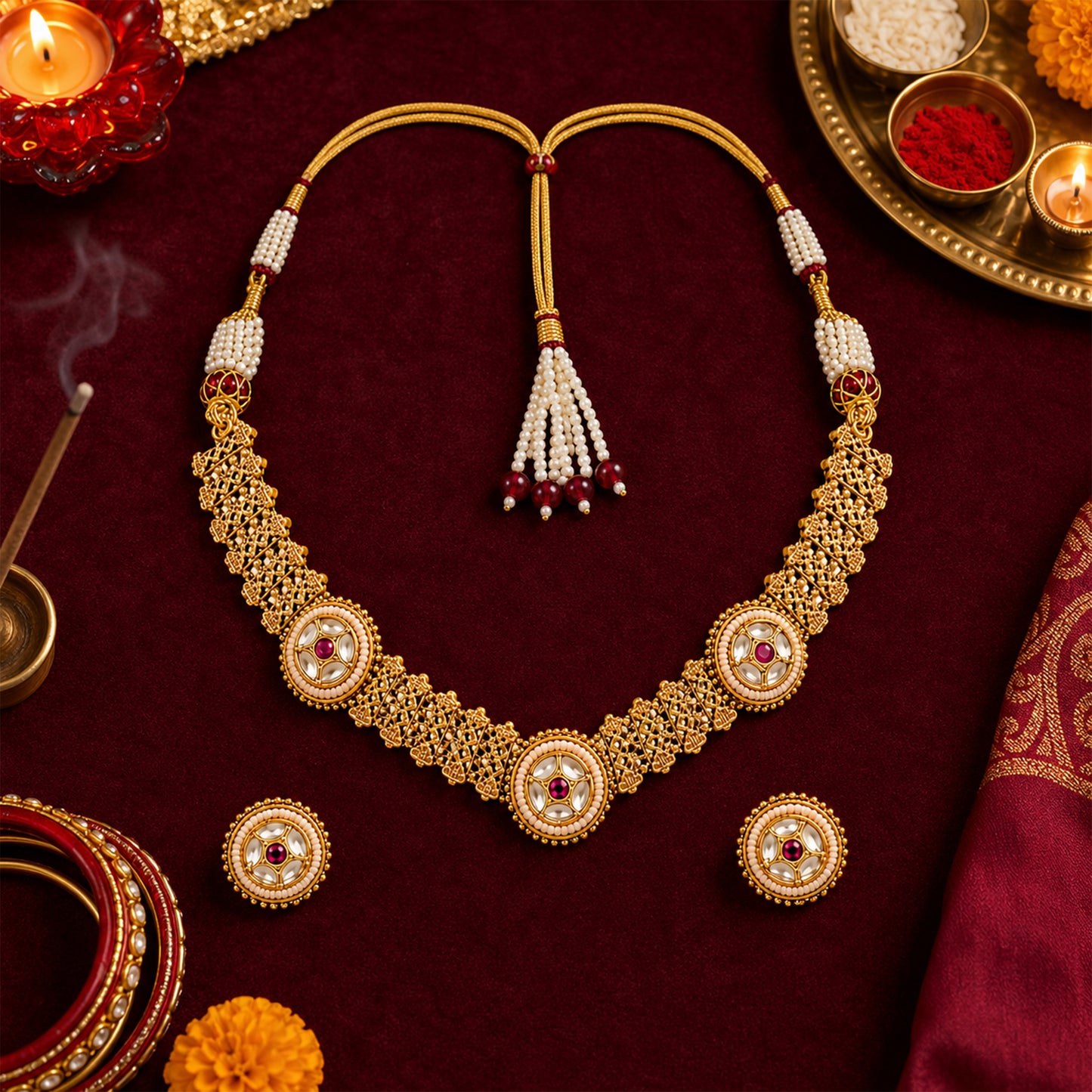Traditional Antique Gold Plated Kundan Polki Choker Necklace Set with Maroon Stones for Women (SJN_360_M)
