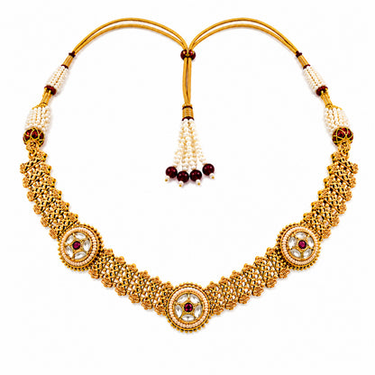 Traditional Antique Gold Plated Kundan Polki Choker Necklace Set with Maroon Stones for Women (SJN_360_M)