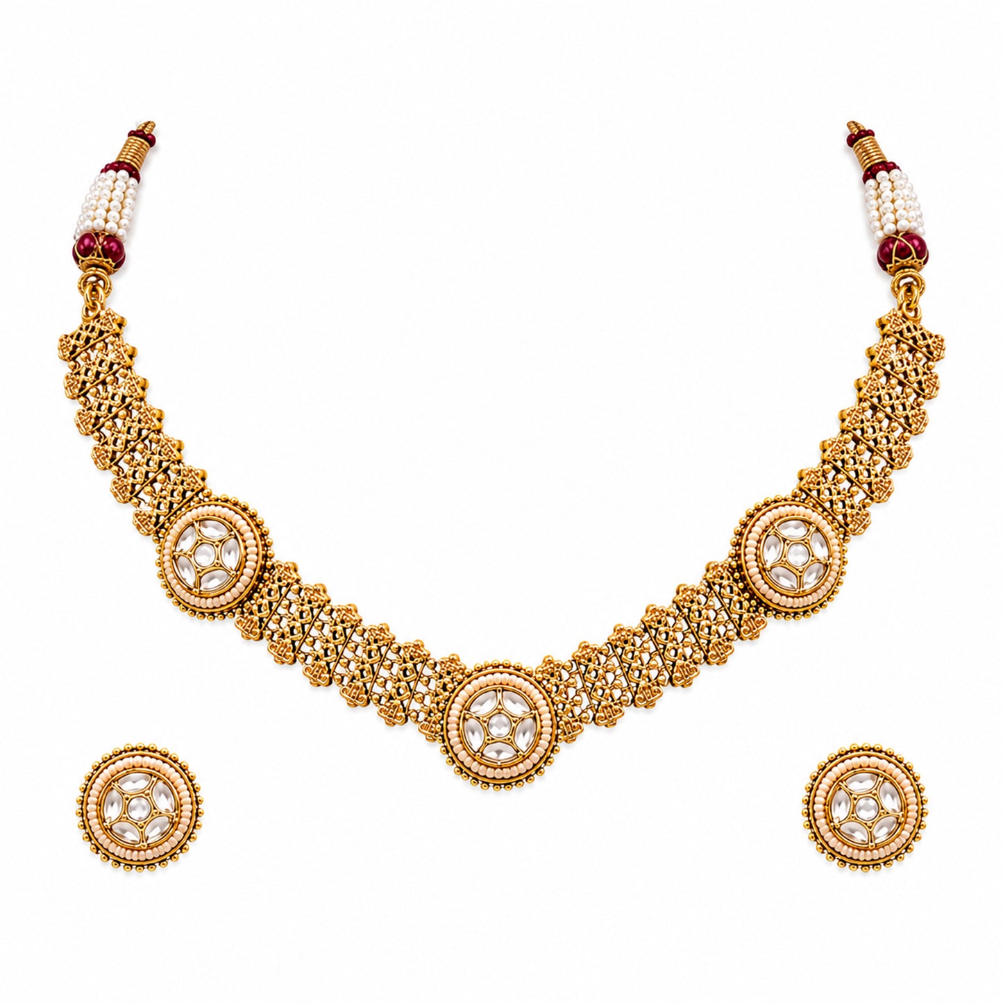 Traditional Antique Gold Plated Kundan Polki Choker Necklace Set with White Stones for Women (SJN_360_W)