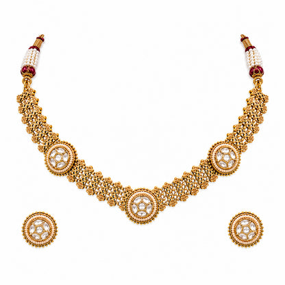 Traditional Antique Gold Plated Kundan Polki Choker Necklace Set with White Stones for Women (SJN_360_W)