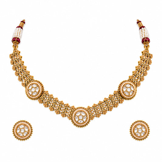 Traditional Antique Gold Plated Kundan Polki Choker Necklace Set with White Stones for Women (SJN_360_W)