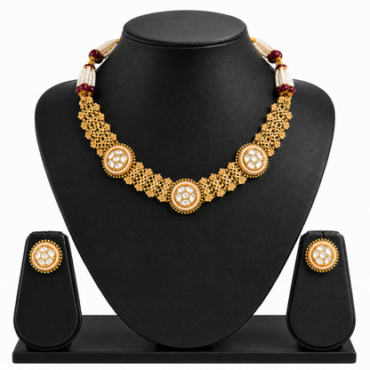 Traditional Antique Gold Plated Kundan Polki Choker Necklace Set with White Stones for Women (SJN_360_W)