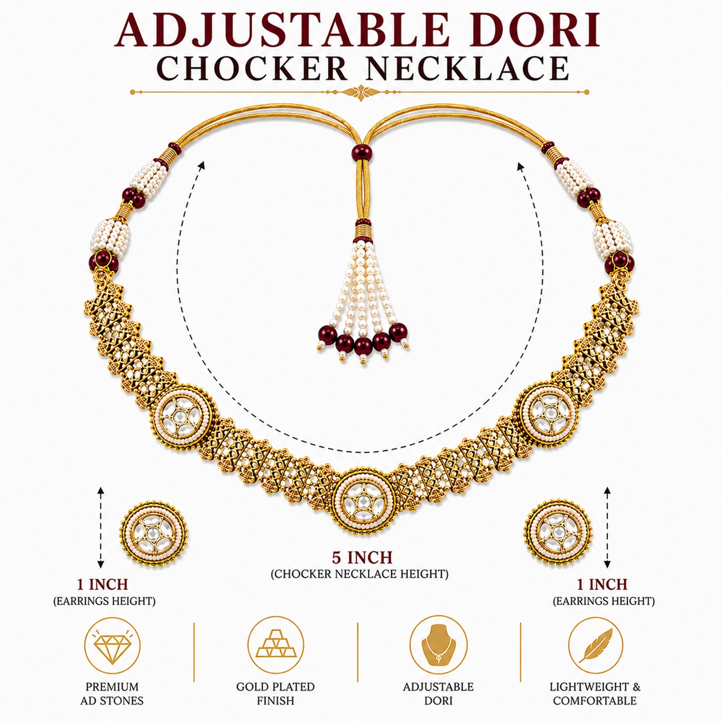 Traditional Antique Gold Plated Kundan Polki Choker Necklace Set with White Stones for Women (SJN_360_W)